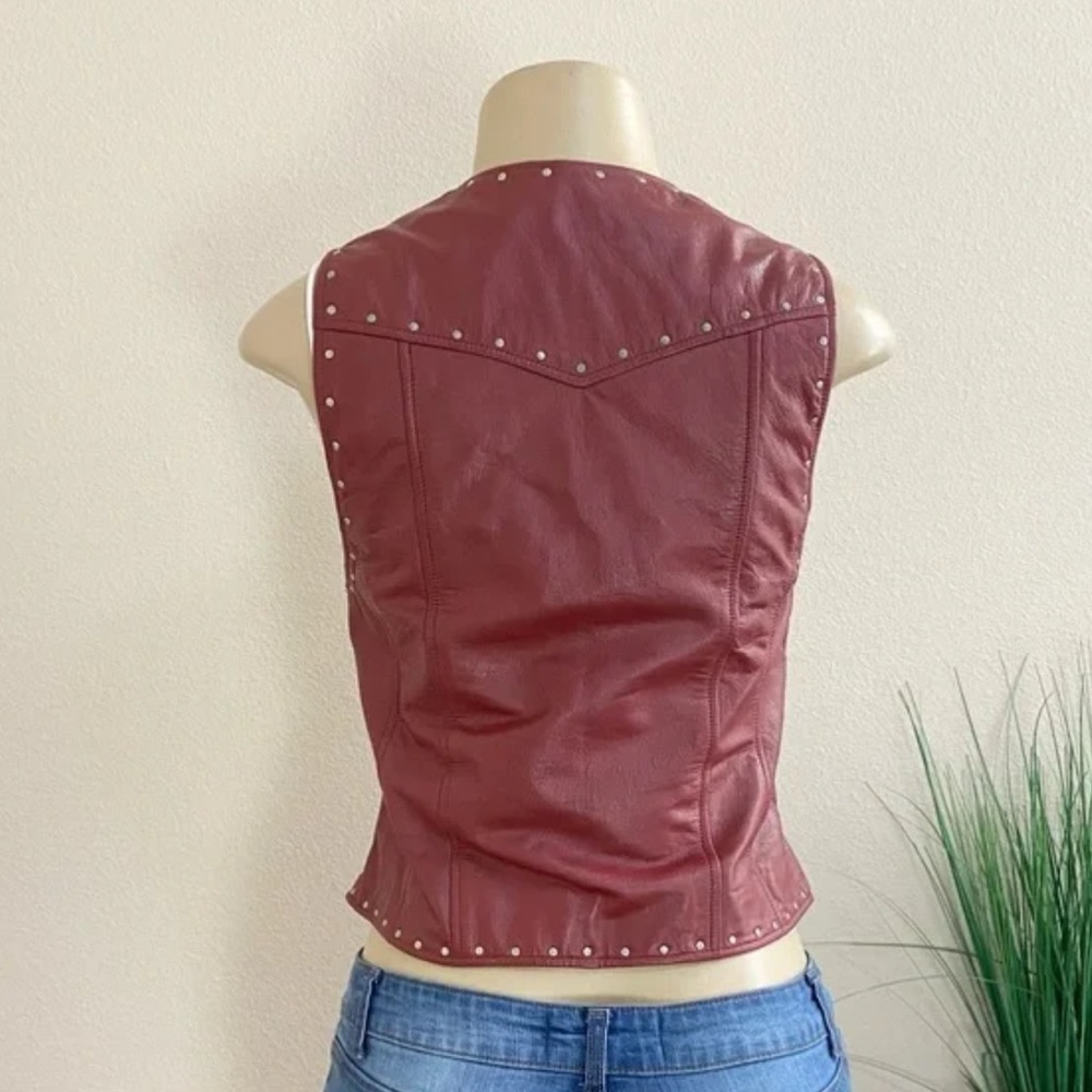 HARLEY-DAVIDSON | Red Genuine Leather Moto Studded Zip Up Women’s Vest Sz Large - Picture 2 of 15